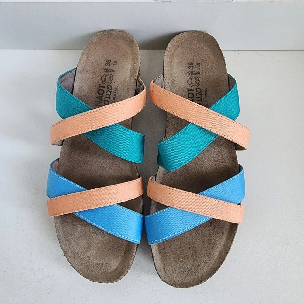 Naot Roxanna Strappy Cork Wedge Sandals Blue Teal Peach Size 39 / W 8-8.5
